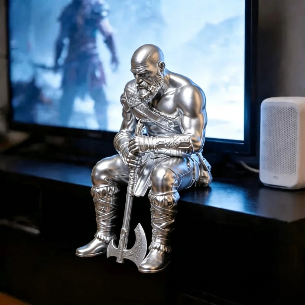 Nordic Warrior Sitting Figurine 3D Printed Muscular Bearded Statue Melancholic Style Sculpture Gothic Art Decor for Home Desktop Oasis Select silver