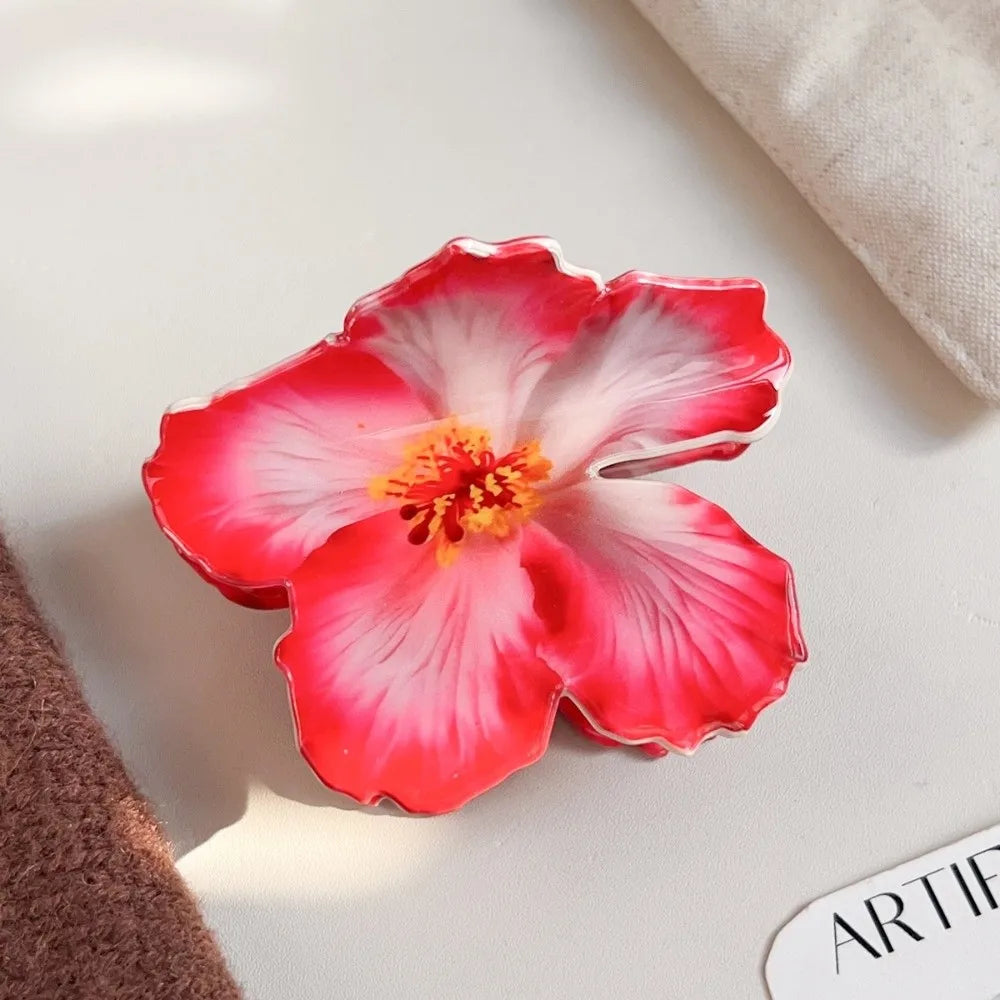 Double-sided Printing Hibiscus Flower Hair Claw Exquisite Design Lifelike Flowers Acrylic Claw Clip Romantic Style Oasis Select 1