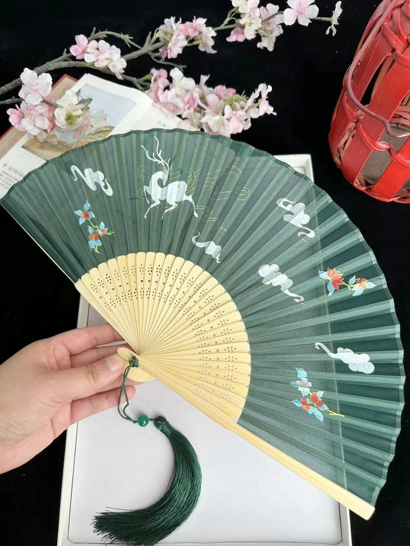 Antique Retro Portable Green Folding Fan Women's Portable Hanfu Cheongsam Folding Small Classical Dance Fan Chinese Fan Oasis Select 14