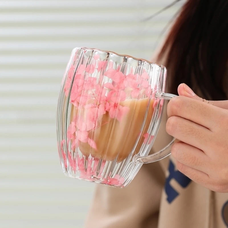 Borosilicate Double-Wall Ribbed Glass Mug, Dried-Flower Heatproof Lovely Cup for Coffee & Tea, Home&Office Gift, Handwash Oasis Select
