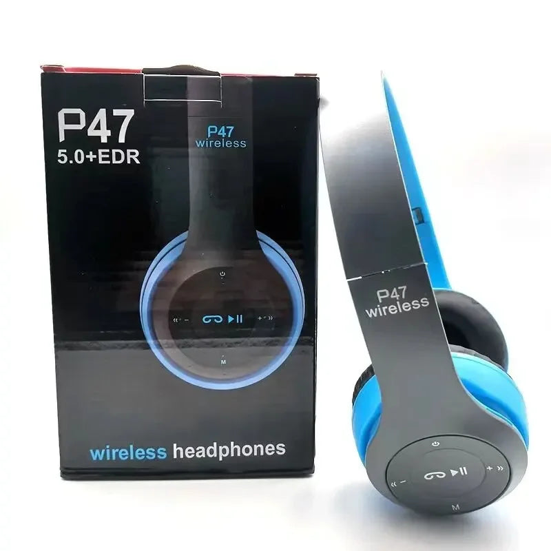 P47 Bluetooth 5.0 Wireless Headphone Foldable HIFI Stereo Bass Earphone Kid Helmet Gift With Mic USB Adaptor For iPhone Game Oasis Select Blue