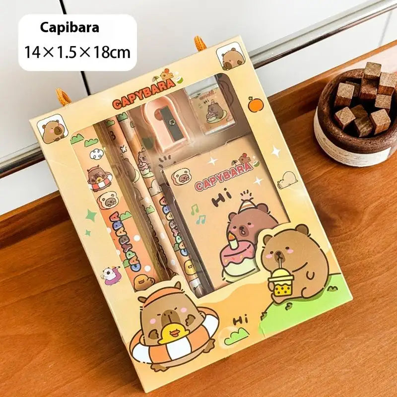 6Pcs/Set Cartoon Capybara Pencil Stationery Set Kawaii Eraser Pencil Sharpener Children Student Stationery Supplies Oasis Select MR-04