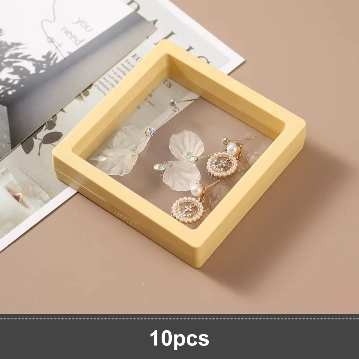 10pcs,Transparent floating display box, plastic film jewelry packaging box, jewelry, necklace, ring, and collectible storage box Oasis Select Faint yellow 10pcs 9x9cm