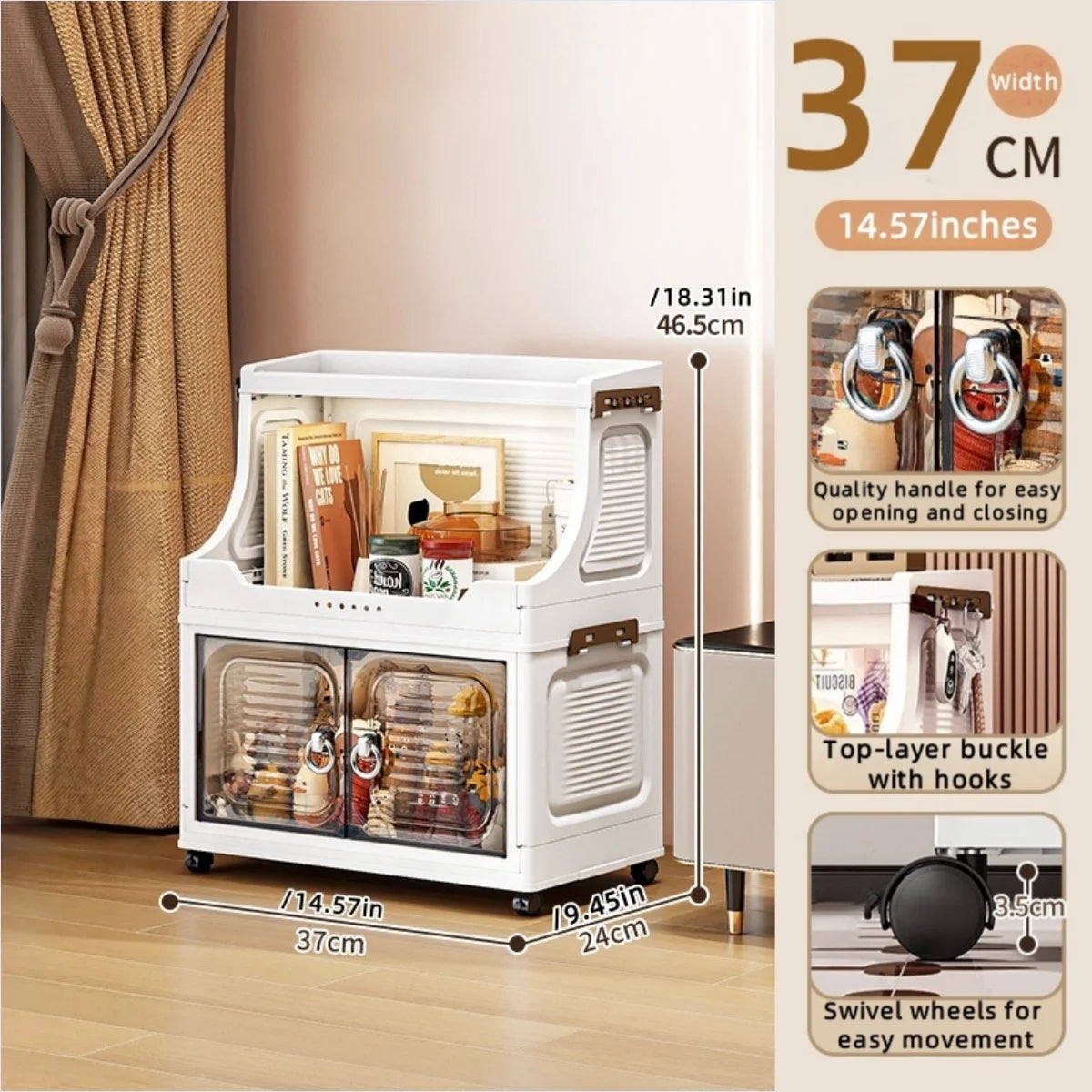 37cm Foldable Double-Door Storage Cabinet-Large Capacity Mobile Organizer with Wheels for Kitchen, Bedroom,Living Room Storage Oasis Select 2 Layers Clear Gray