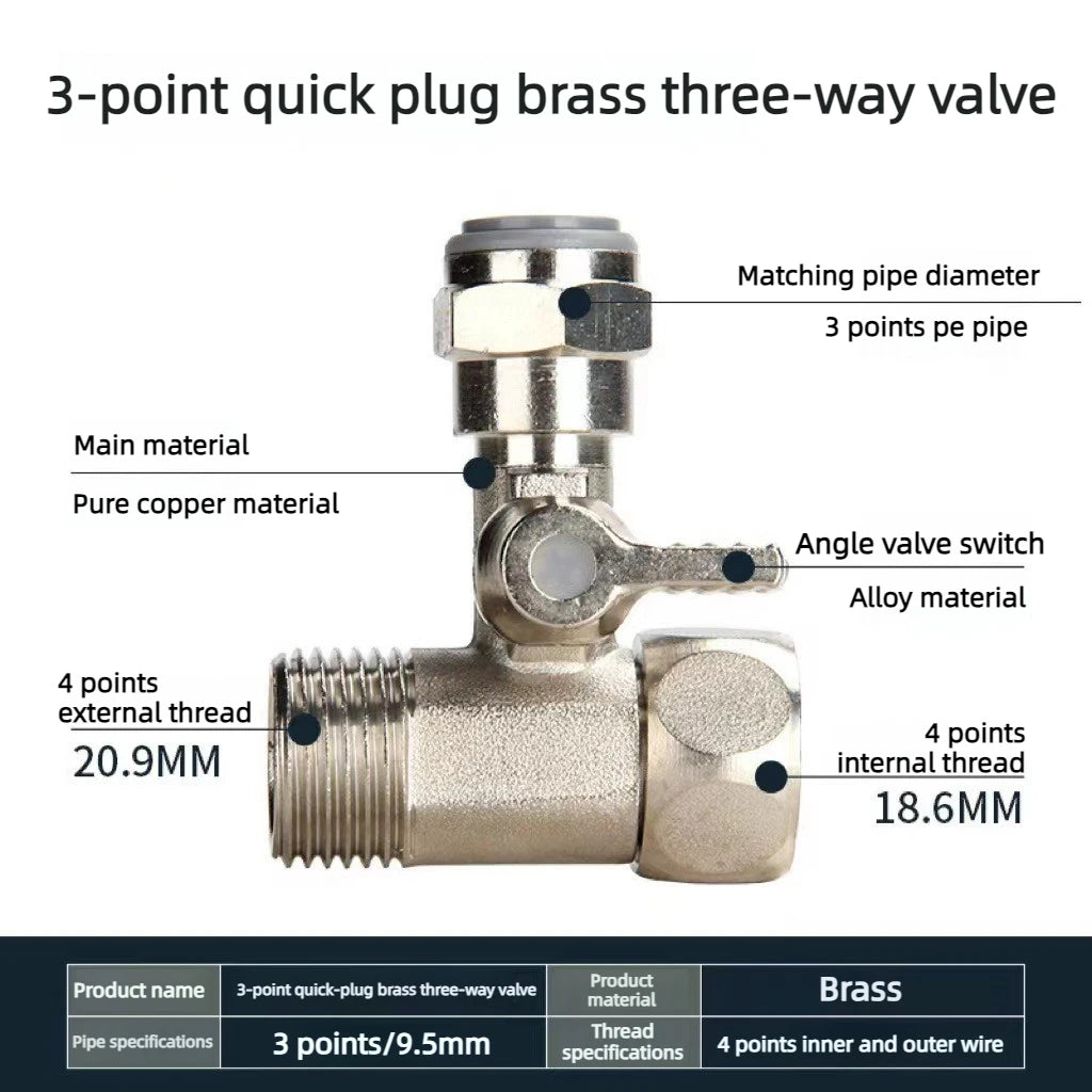 Faucet Three-way Shut-off 1/4 "3/8" Valve Copper for Hot and Cold Water Butler Reverse Osmosis Water Supply Adapter Accessories Oasis Select 3point Quick connect Three-way valve Electroplated copper