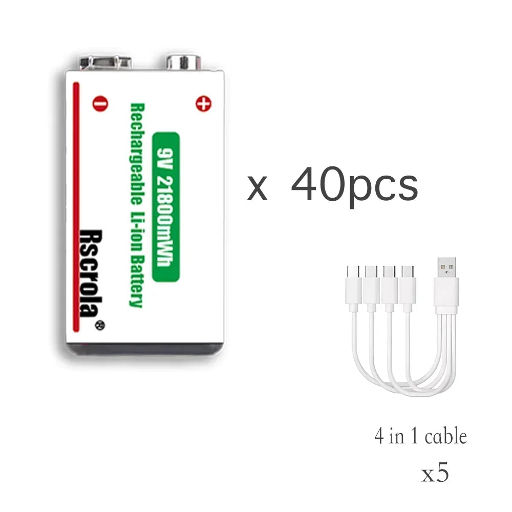 21800mWh High Capacity Rechargeable 9V Lithium ion Battery with USB-C for Guitar Microphone Smoke Detector Pedal with Cable Oasis Select 40 pcs 9v Batteries 9v