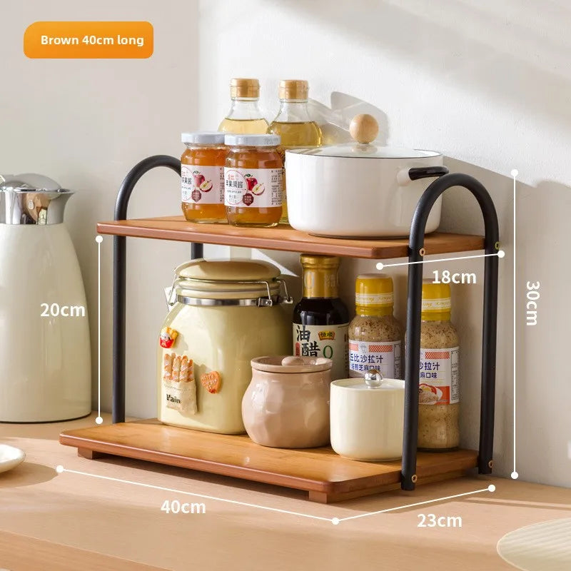 Double-layer kitchen seasoning rack rack household seasoning salt tank multi-functional multi-layer storage rack Oasis Select Brown 40 long