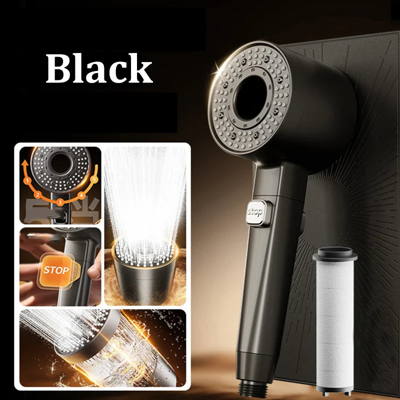 Filtered Super-pressurized Shower Head Five-speed Handheld Hollow Large Water Outlet Bathroom Shower Head Set Oasis Select Black