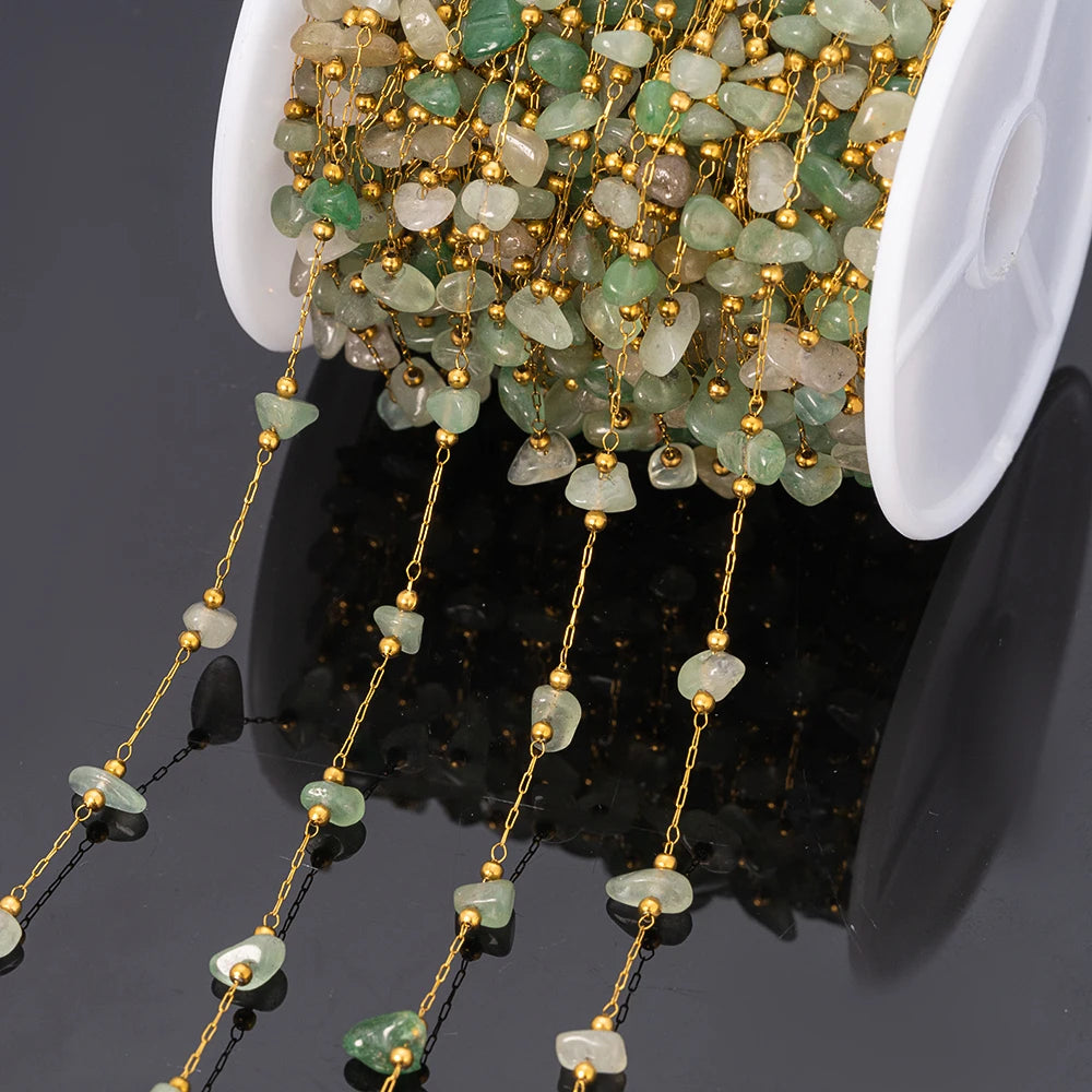 1meter Gold Plated Stainless Steel Chain Natural Raw Healing Crystal Points Gemstone Beaded Charms for Jewelry Making DIY Crafts Oasis Select Green Aventurine