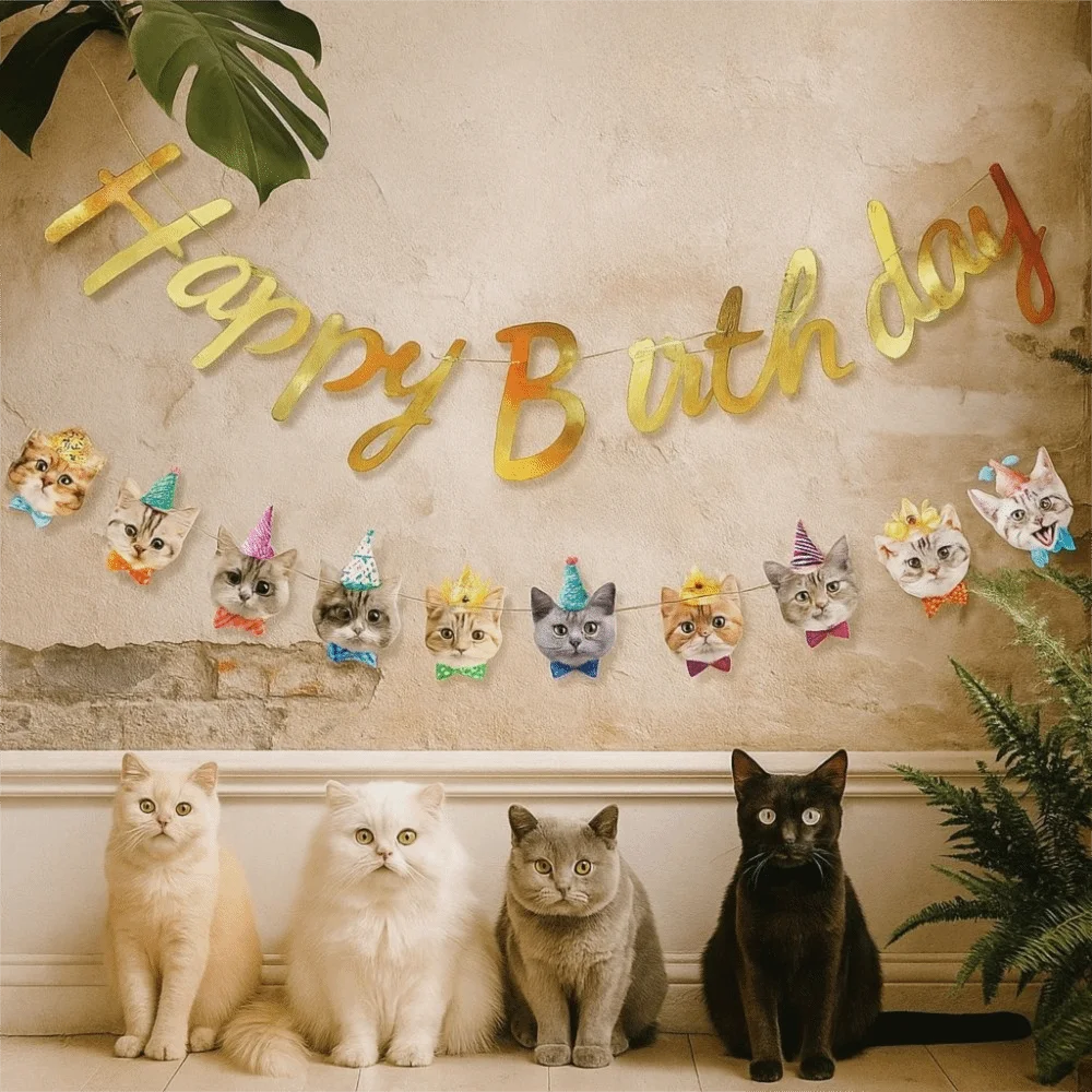 Cartoon Cat Happy Birthday Banner – DIY Paper Garland Decor