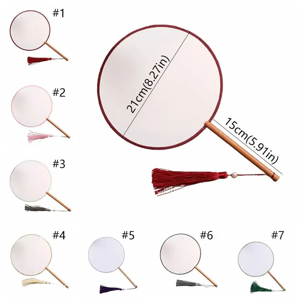 Vintage Blank Round Hand Fan Chinese Style Unfinished Wooden Silk Hand Fan with Tassel Elegant Art Painting Fans Wedding Party Oasis Select