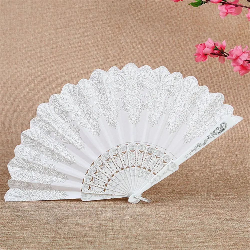 Chinese Style Folding Dance Fans Wedding Party Lace Silk Hand Held Flower Fan Vintage Lace Hand Held Fan Women Girl Photo Prop Oasis Select White