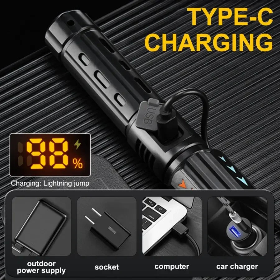 Most Powerful LED Flashlight Type-C USB Rechargeable Long Range Flashlights 3 Lighting Modes Telescopic Zoom Torch Oasis Select