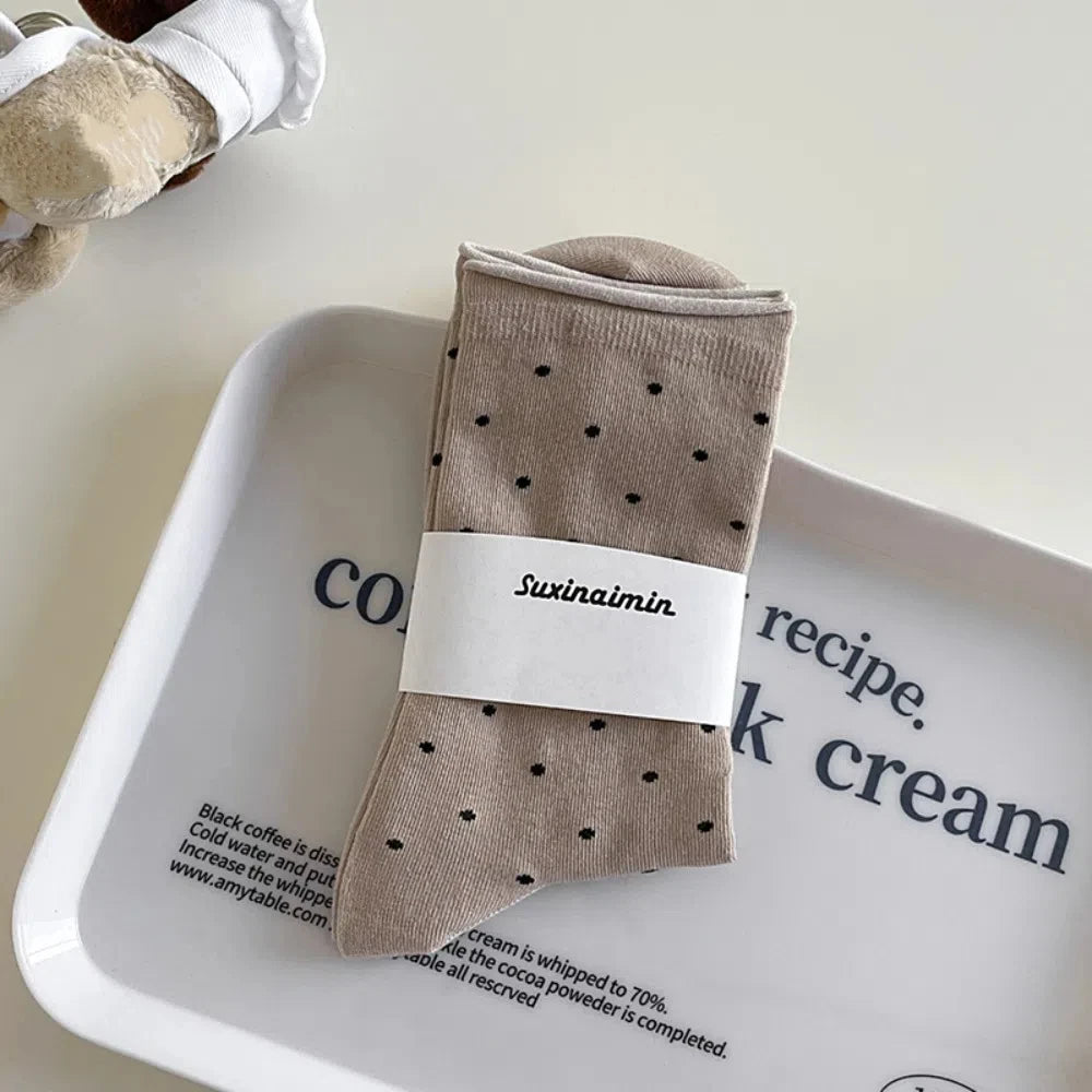 Comfortable Curled-edge Polka Dot Socks Thin Breathable Mid-Tube Socks Sweat Absorbent Women's Socks Summer Oasis Select Khaki One Size