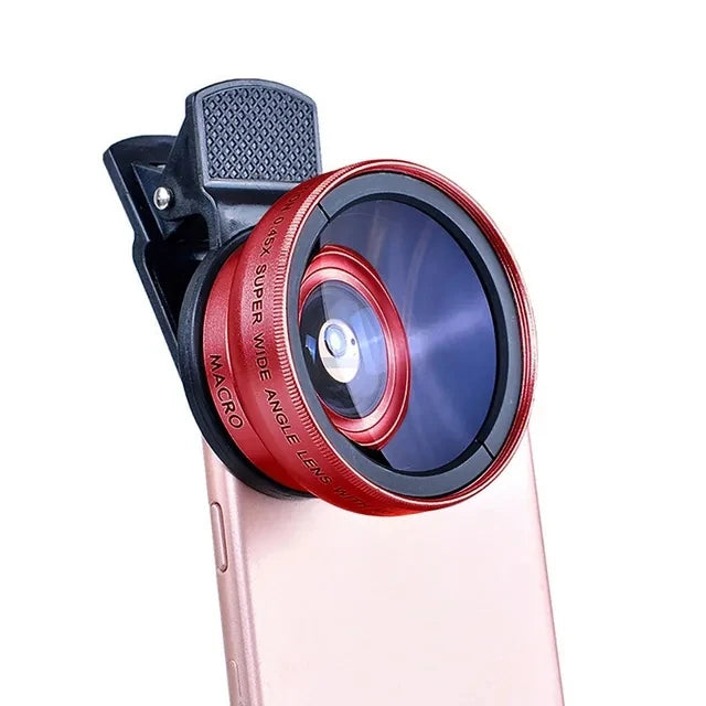 Universal 2-in-1 lens clip 37mm mobile phone lens professional 0.45x 49uv ultra wide angle + macro HD lens for Xiaomi, Android Oasis Select Red