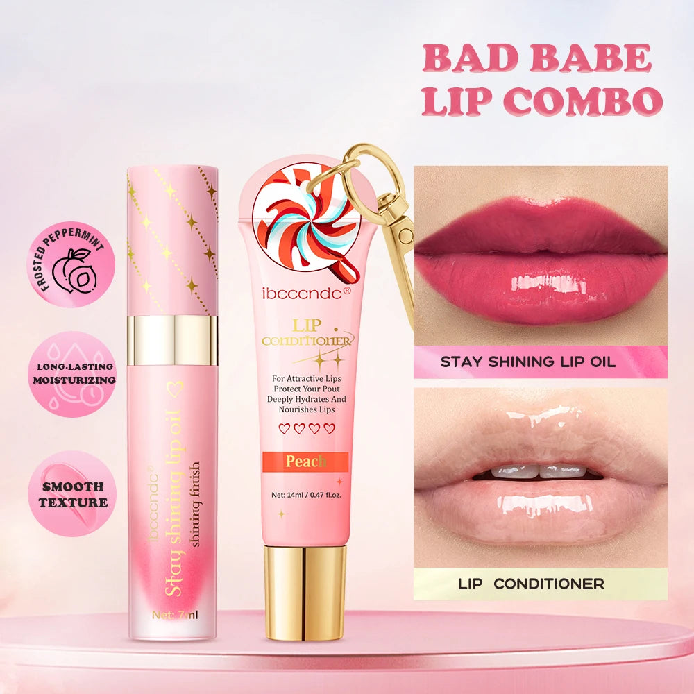 Lip Glosses Set Lip Duo Lip Gloss Combo with A Keychain Long Lasting Moisturizing Nourish Plumper Cosmetics Oasis Select