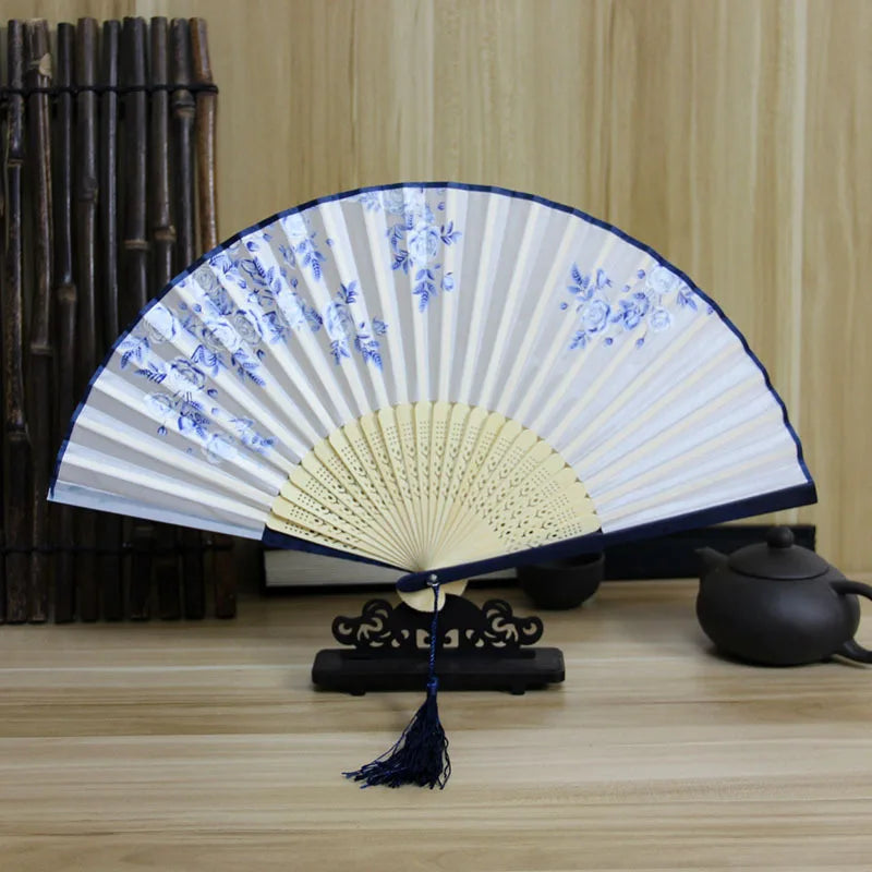 Chinese Engraved Folding Hand Fan Wooden Shank Classical Dance Tassel Fan Wedding Birthday Party Favor Fan Decor Gifts For Guest Oasis Select