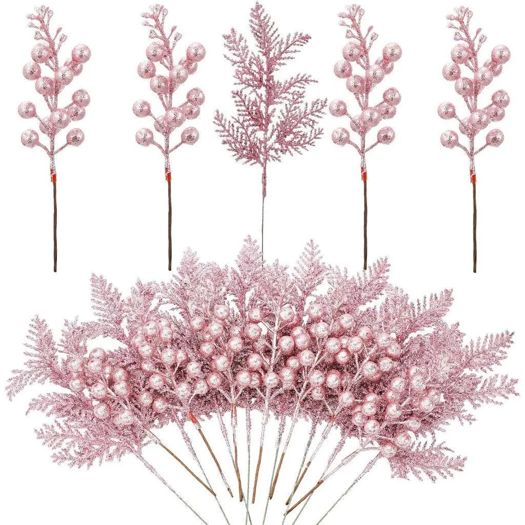5Pcs Christmas Decoration Glitter Berrie Artificial Flower Bouquet Christmas Tree Ornaments for Home New Year 2025 Navidad Decor Oasis Select pink