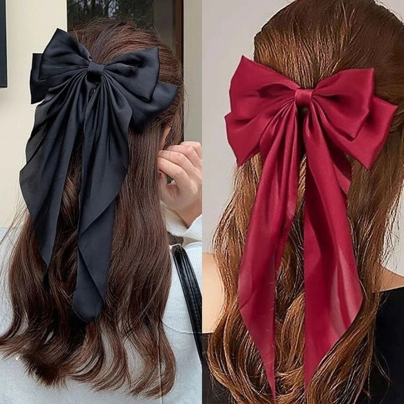 Oversized Satin Bow Hair Clip with Long Ribbon Elegant Solid Color Hairpin for Women Girls Party Daily Hairstyling Oasis Select
