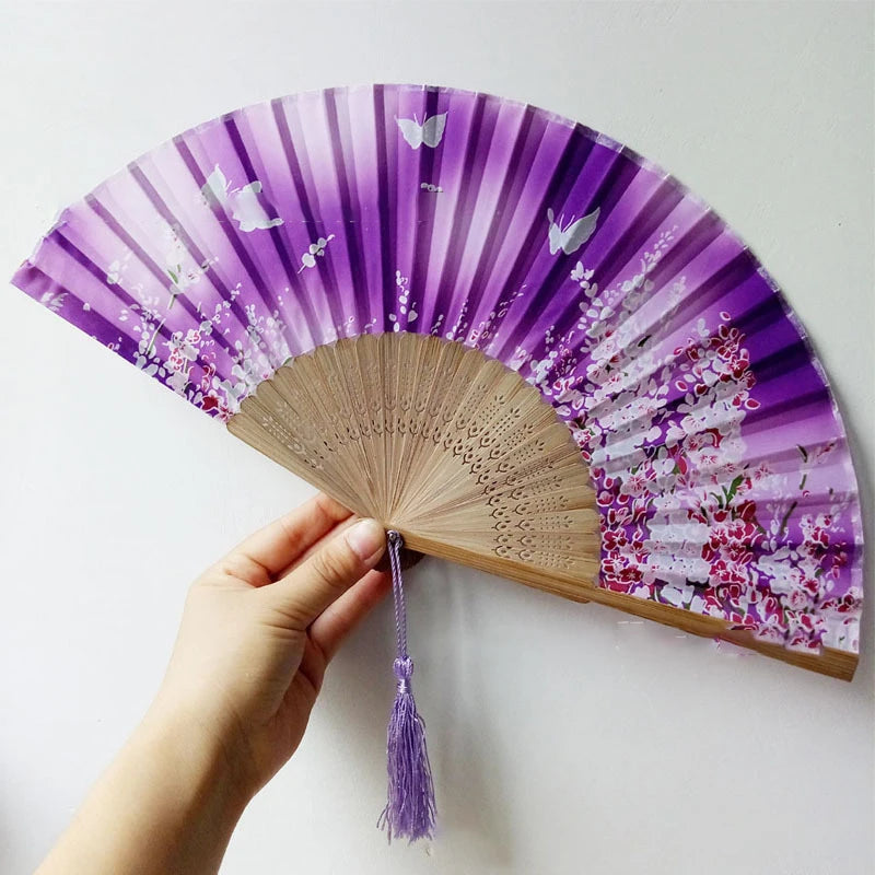 Chinese Engraved Folding Hand Fan Wooden Shank Classical Dance Tassel Fan Wedding Birthday Party Favor Fan Decor Gifts For Guest Oasis Select
