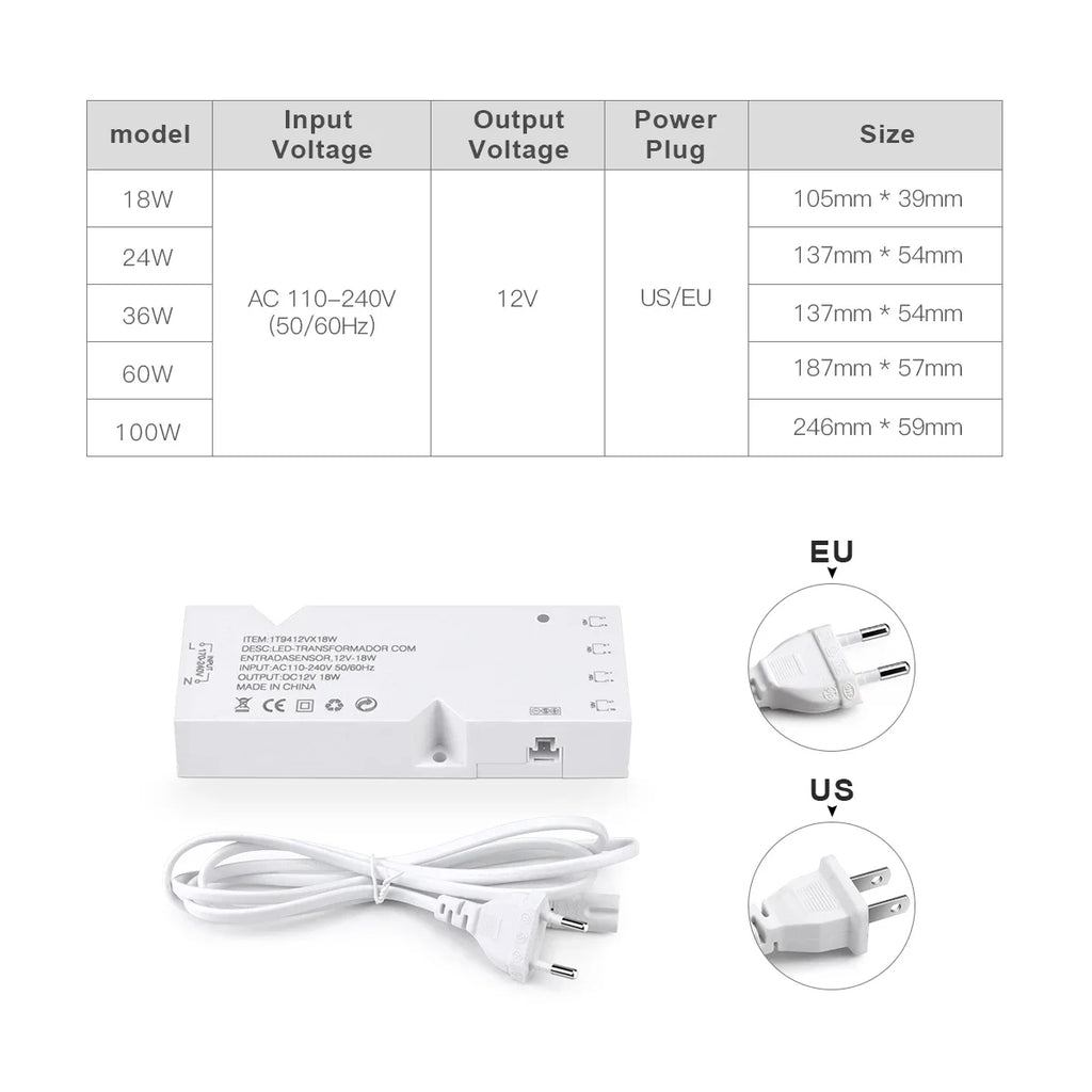 AC/DC Power Transformer Converter+Penetrate Touch Dimmable Switch 12V Lighting Adapter for LED Strip/LED Tube 4-10 Dupont Ports Oasis Select