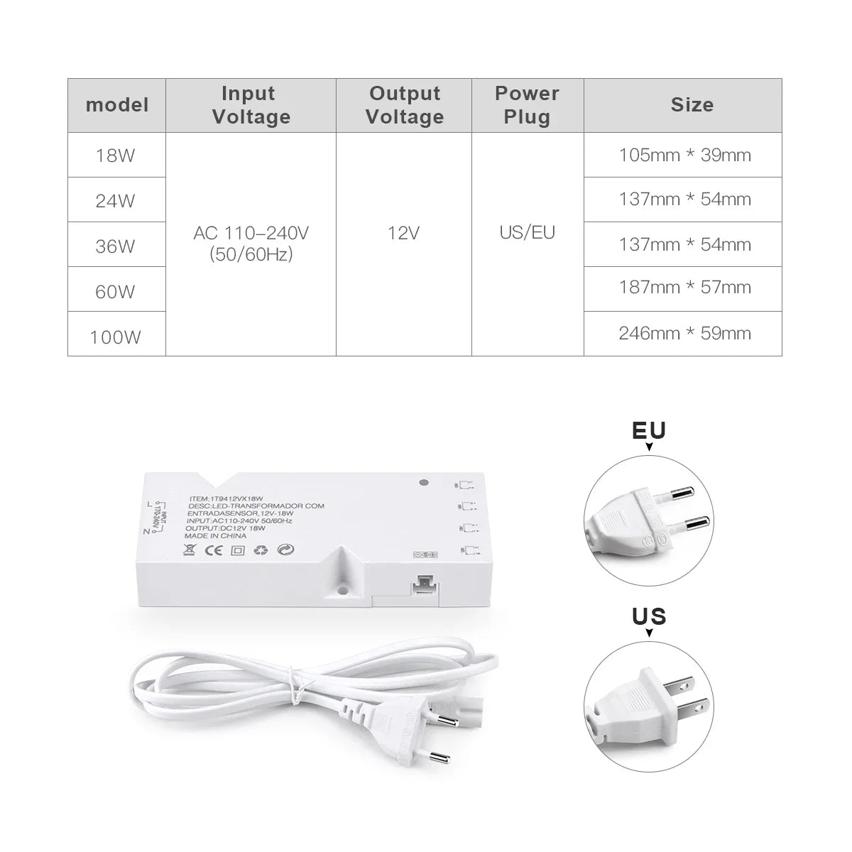 AC/DC Power Transformer Converter+Penetrate Touch Dimmable Switch 12V Lighting Adapter for LED Strip/LED Tube 4-10 Dupont Ports Oasis Select