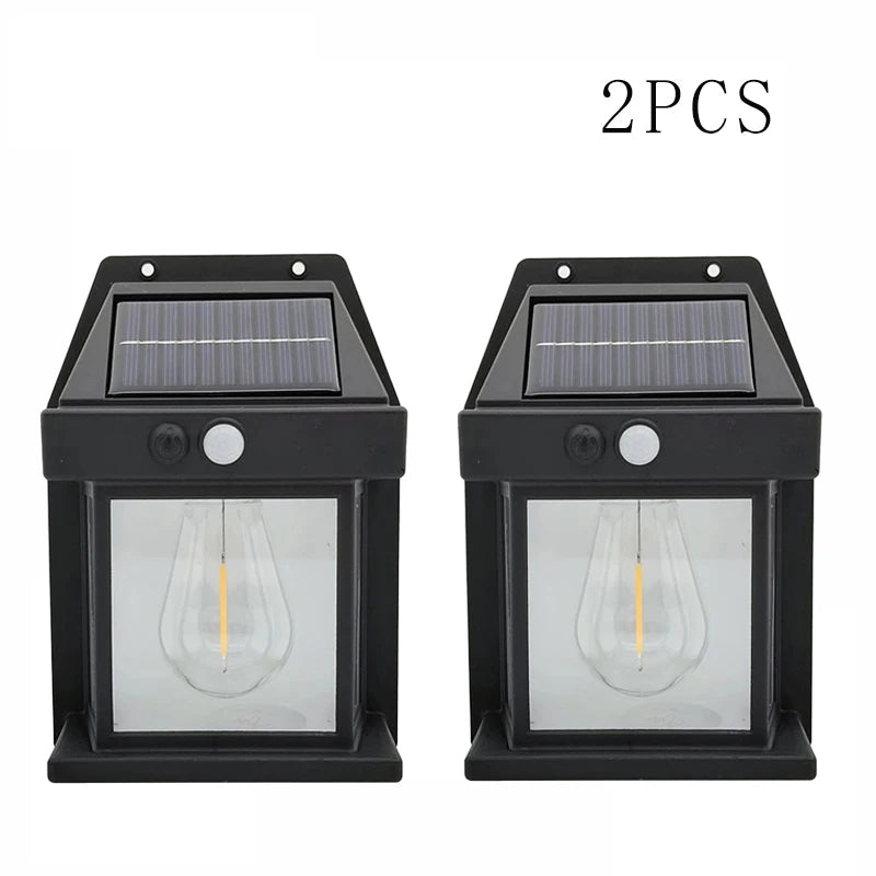 New Solar Tungsten Wall Lamp Three Modes Outdoor Villa Garden Courtyard Waterproof Decoration Induction Lantern Small Night Lamp Oasis Select Black 2PCS