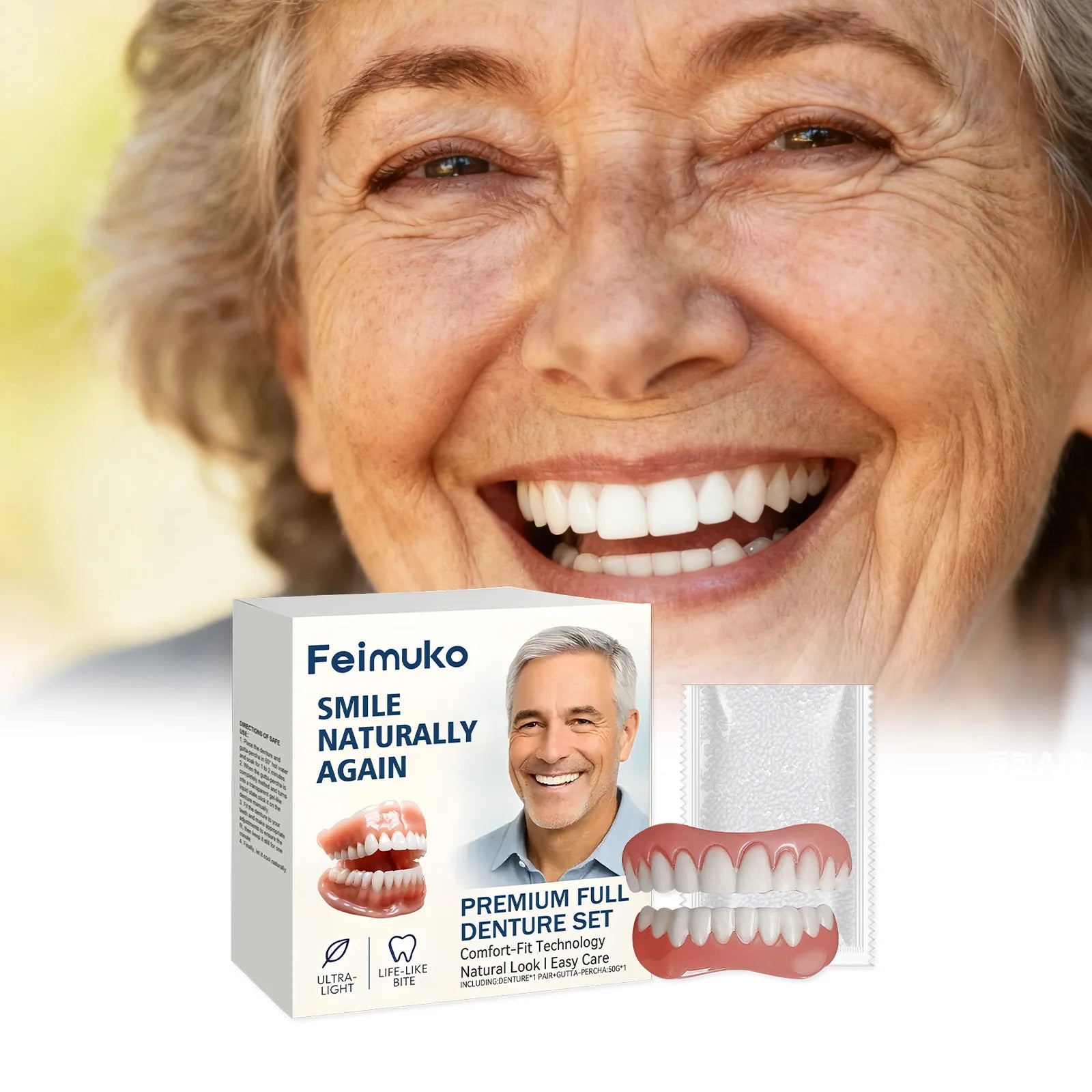 Adjustable Silicone Dentures Full Set – Natural Smile for Men & Women Cosmetic Denture Set Oasis Select