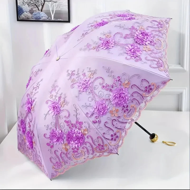Folded Retro Embroidered Lace Double Layer Vinyl Three-fold Umbrella Wedding Umbrella Oasis Select