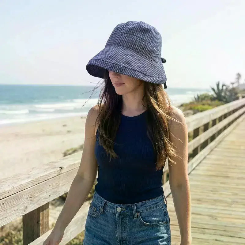 Womens Plaid Fisherman Cap Summer Rolled Edge Bow Bucket Hat Breathable UV Shield Sun Cap for Beach Holiday Travel Oasis Select