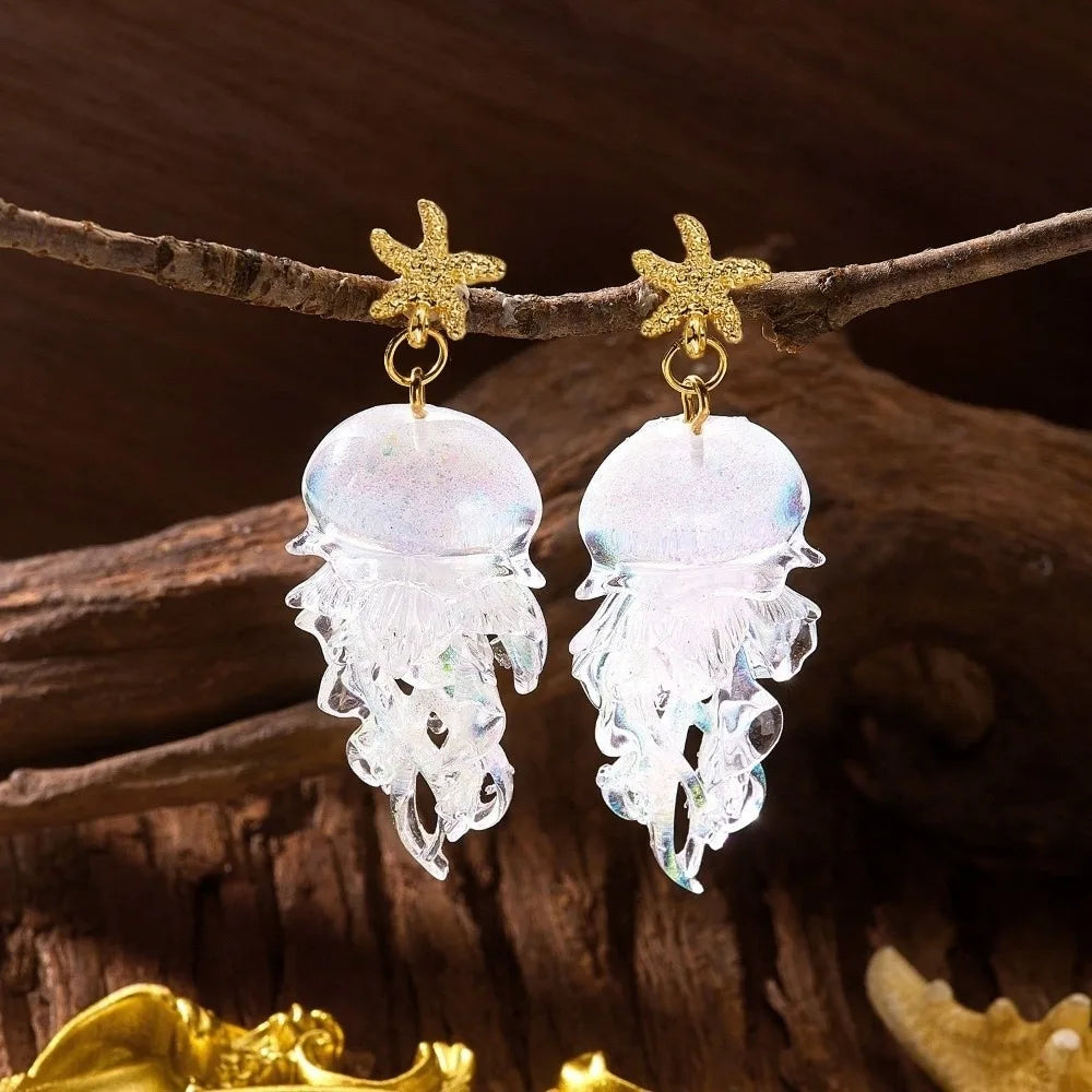 1 Pair Graduated Colors Jellyfish Pendant Earrings Acrylic Creative Pendant Earrings Fashion Unique Animal Earrings Summer Party Oasis Select White