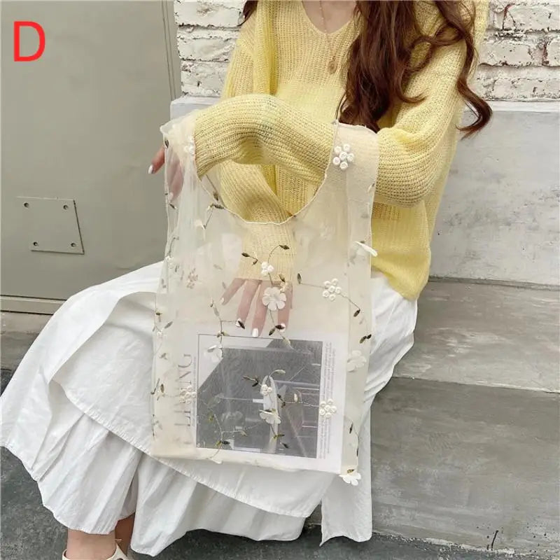 Mesh Embroidered Tote Bag with Colorful Flowers Perfect for Travel Home and Grocery Use Oasis Select D