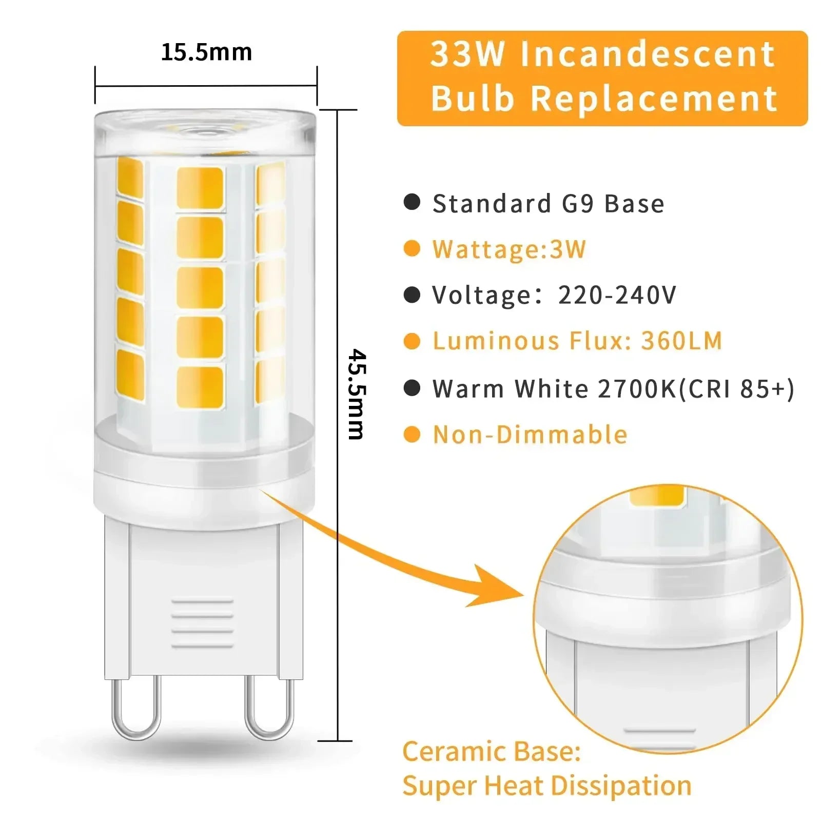 3-Pack G9 LED Bulb 3W 220V Warm White – Halogen Replacement G9 LED Bulb Oasis Select