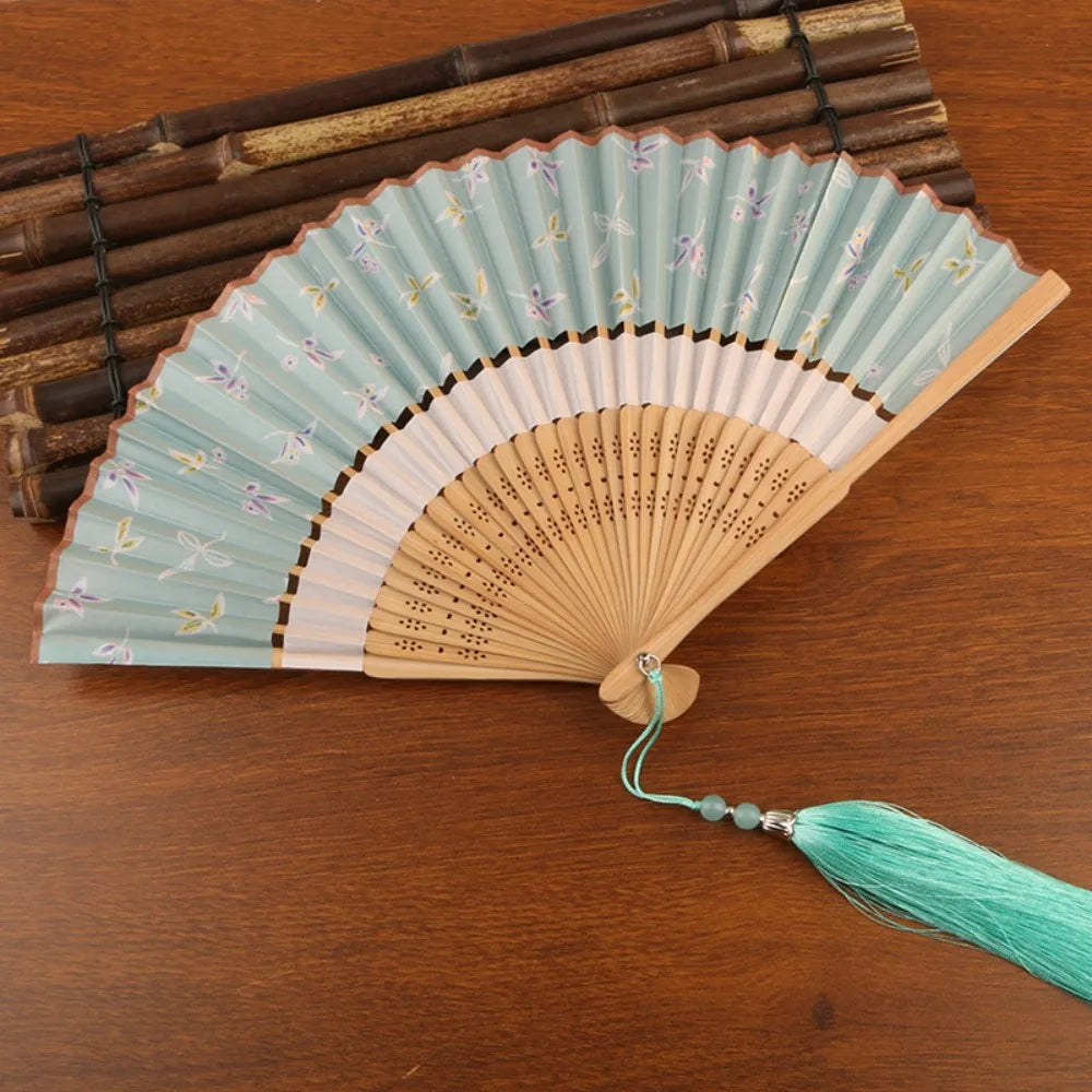 Costume Accessory Portable Folding Fan Classical Vintage Chinese Style Fan with Tassel Decorative Bamboo Fan Dance Performance Oasis Select Style B