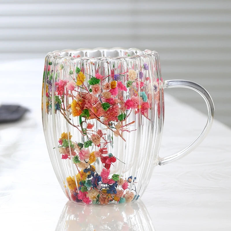Borosilicate Double-Wall Ribbed Glass Mug, Dried-Flower Heatproof Lovely Cup for Coffee & Tea, Home&Office Gift, Handwash Oasis Select Gypsophila 450ML