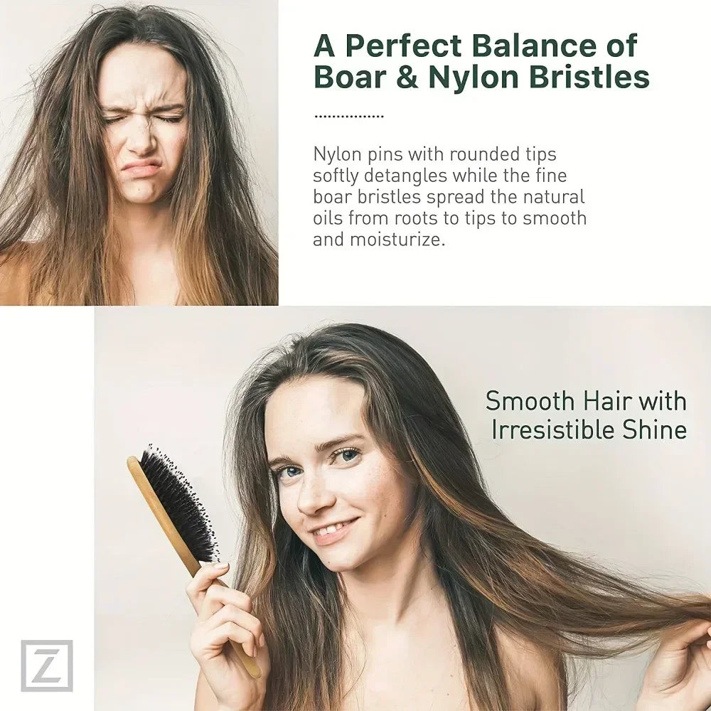 Natural Bamboo Boar Bristle Hair Brush Handle Scalp Massage Comb Anti-static Hair Comb Gasbag Detangling Hair Brush Styling Tool Oasis Select