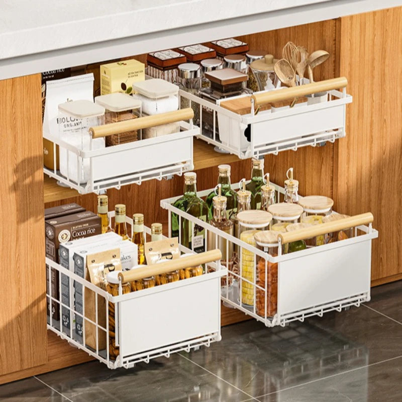 Kitchen Lower Sink Shelf Drawer Pull Basket Snack Storage Basket Striped Foldable Cabinet Pull-up Shelf Oasis Select