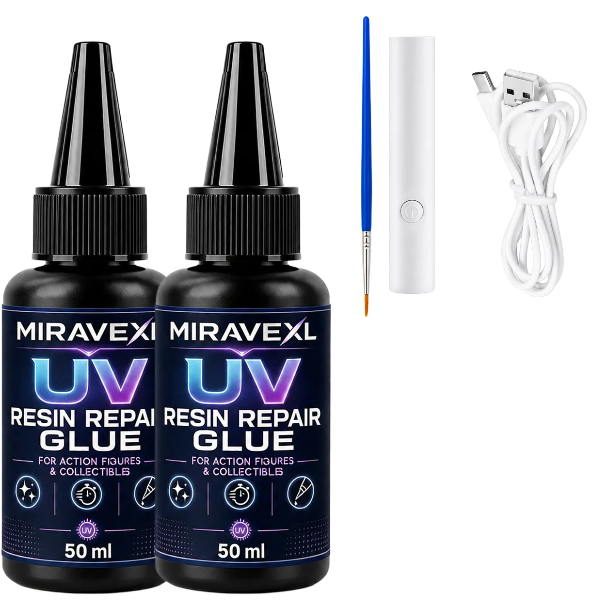 MIRAVEXL UV Resin Repair Glue 25ml/50ml for Action Figures Collectibles, Fast Curing ClearAdhesive with UV Light Brush Kit Pack Oasis Select 100ml