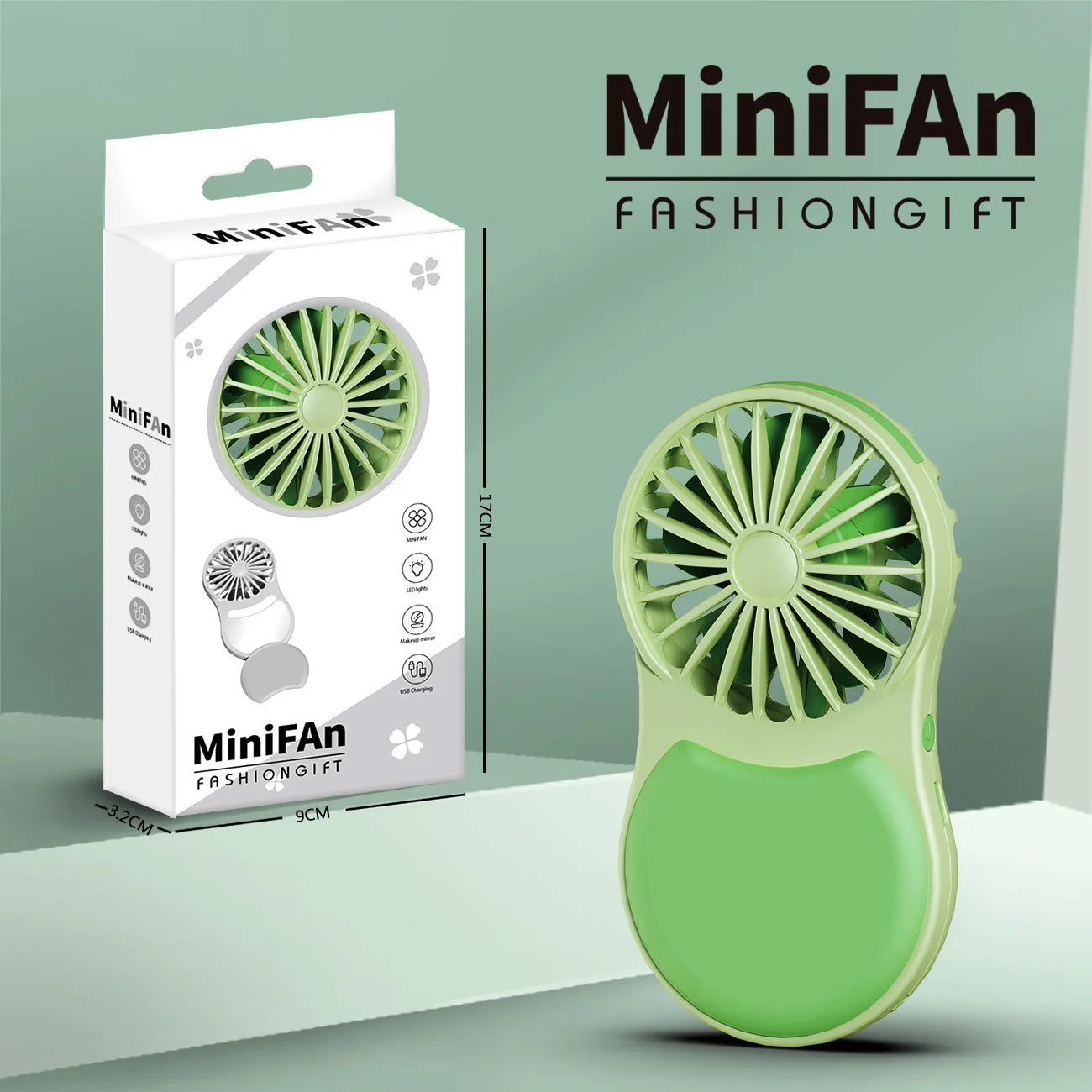 URGGU Mini Pocket Fan with Mirror & Light | USB-C Rechargeable