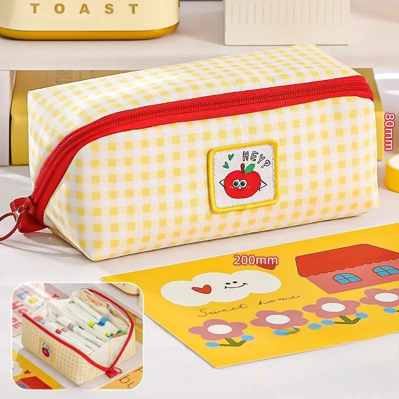 1PCs Cartoon Checkered Large Capacity Pencil Case Student School Desktop Storage Stationery Multi Layer Pen Bag Oasis Select YELLOW