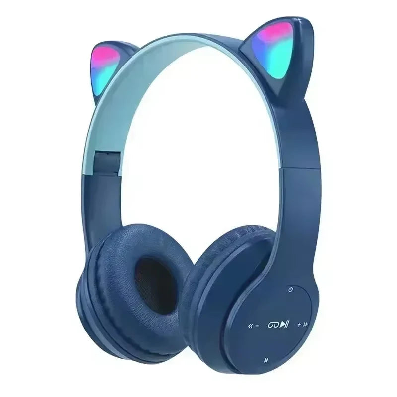 Flash Lamp Cute Cat Ears Headphone Bluetooth5.0 Stereo With Mic Support TF Card Wireless Kids Girl Earphone Birthday Gift Oasis Select Dark Blue