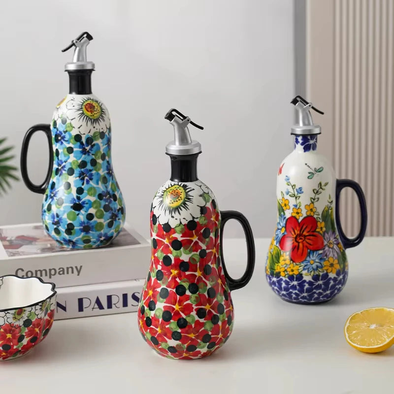 Flowers Plants Ceramic Olive Oil Bottle Soy Sauce Vinegar Multifunctional Kitchen Seasoning Drainage Bottle Kitchen Accessories Oasis Select