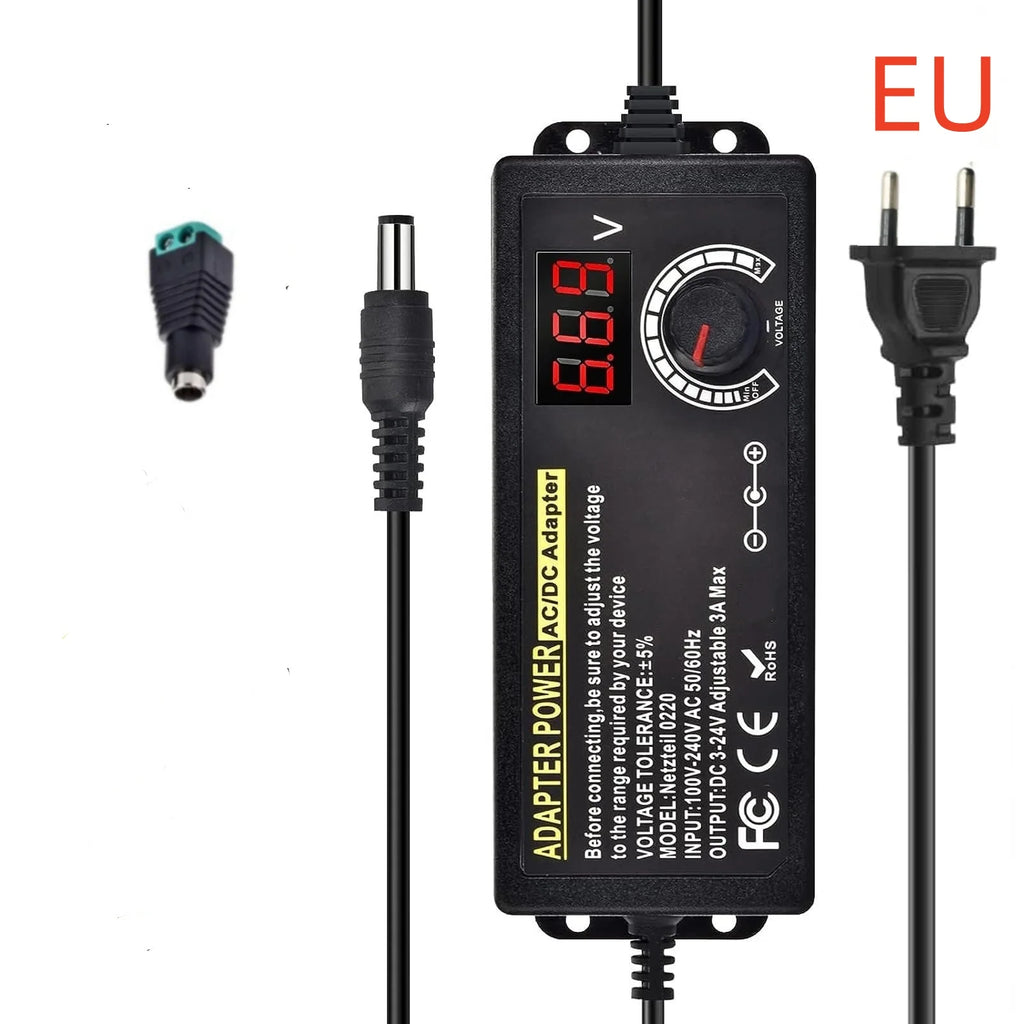 AC to DC Power Supply Adjustable Laboratory Supply Power Source 3V-24V-3A Portable Universal Adapter EU/US Plug Alligator Clip Oasis Select EU Terminal Adapter AC 100-240V DC 3A