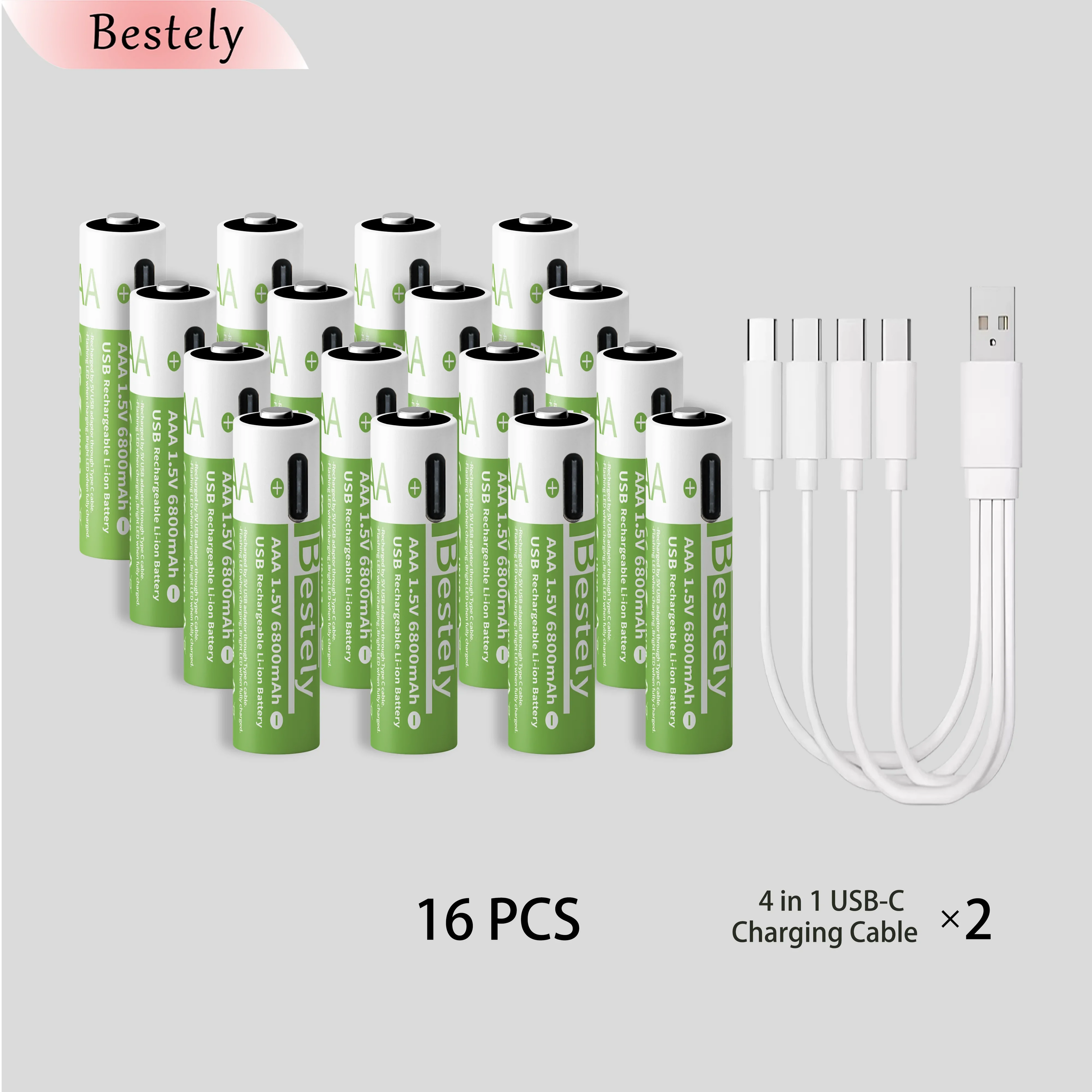 New Rechargeable 1.5v AAA Lithium Batteries 6800mAh Capacity, USB-C AAA Li-ion Battery 2000 times cycle with cable for free Oasis Select 16 pcs AAA Batteries