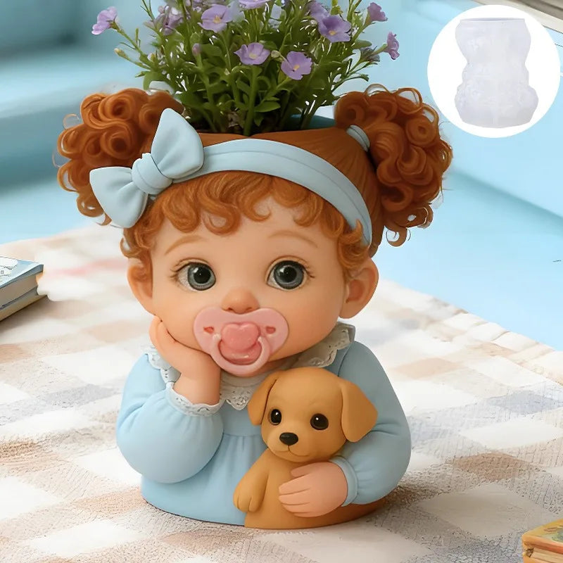 3D Cute Baby With Dog Silicone Mold DIY Resin Vase Gypsum Pot Candle Holder Storage Container Home Decor Craft Making Mould Oasis Select
