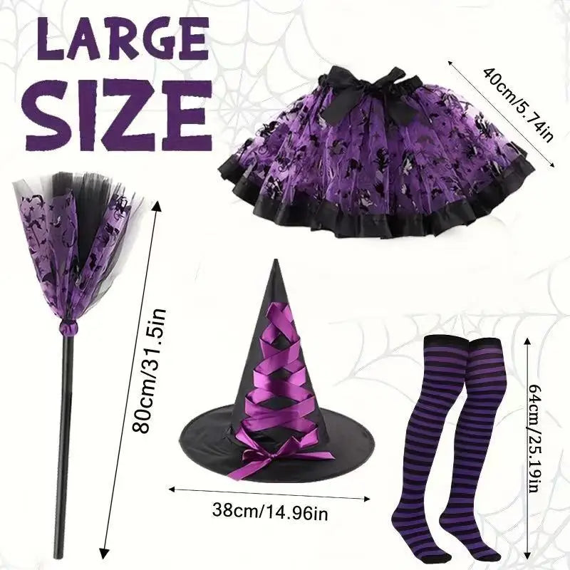 Halloween Party Witch Costume Set for Adults - Tulle Skirt + Witch Hat + Bat Accents, Purple Witch Outfit Oasis Select Purple Witch one size fits all