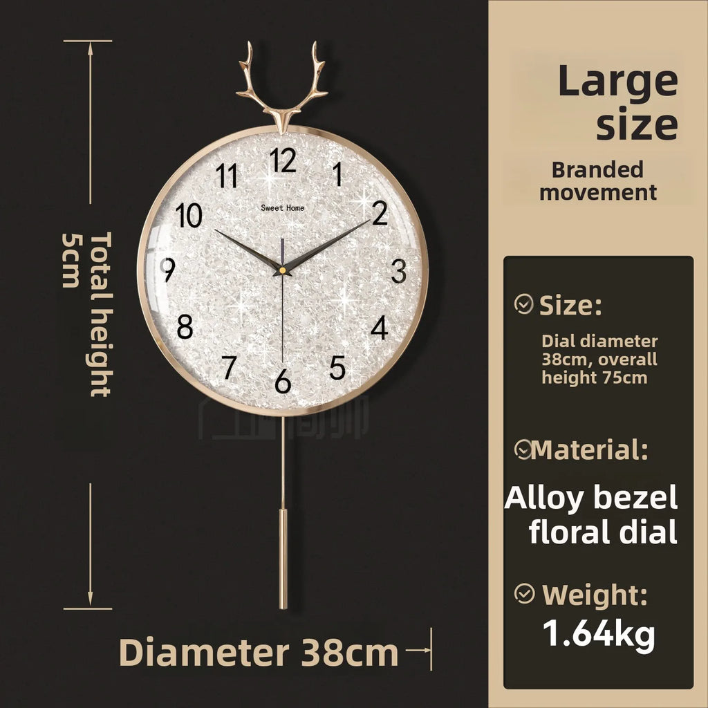 Golden Deer Horn Hanging Clock Pendant Light Luxury Dial Silent Living Room Modern and Simple Home Wall Decoration Oasis Select Alloy 38cm Normal