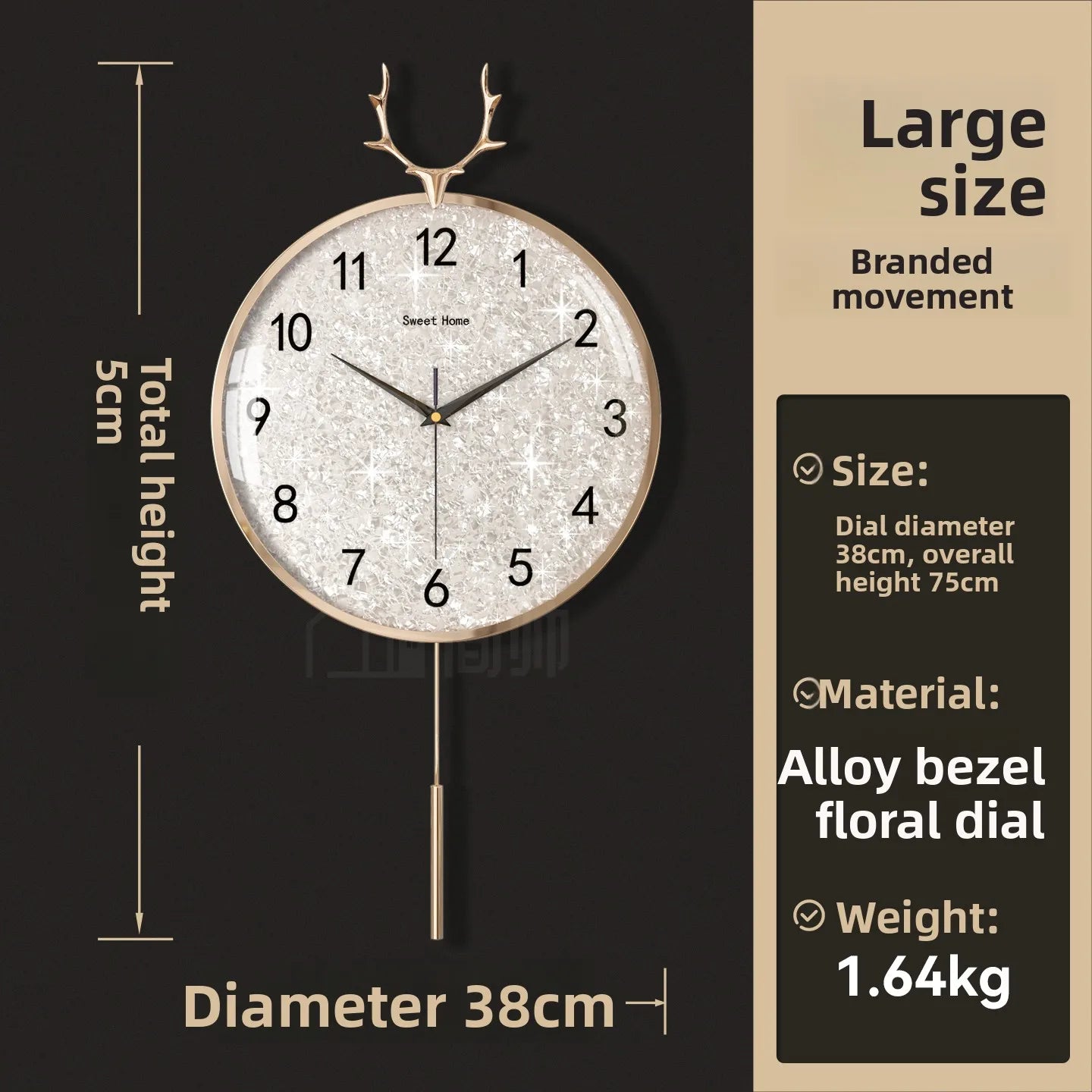Golden Deer Horn Hanging Clock Pendant Light Luxury Dial Silent Living Room Modern and Simple Home Wall Decoration Oasis Select Alloy 38cm Normal
