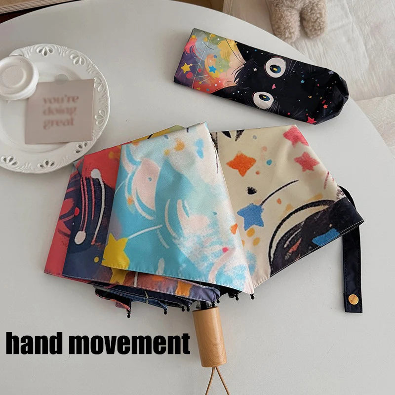 Cute Star Kitten Sunscreen Umbrella Women's Weather Umbrella UV Resistant Sun Umbrella Automatic Portable Folding Umbrella Oasis Select hand movement 8K