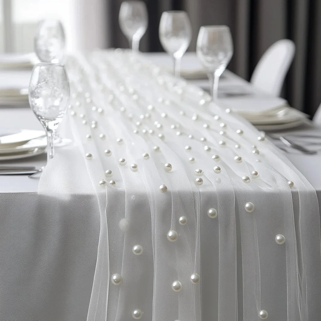 Pearl Chiffon Table Runner 160x100cm Semi Transparent Gauze Mesh Table Cloth for Wedding Bridal Shower Party Dining Decoration Oasis Select 160x100cm 2